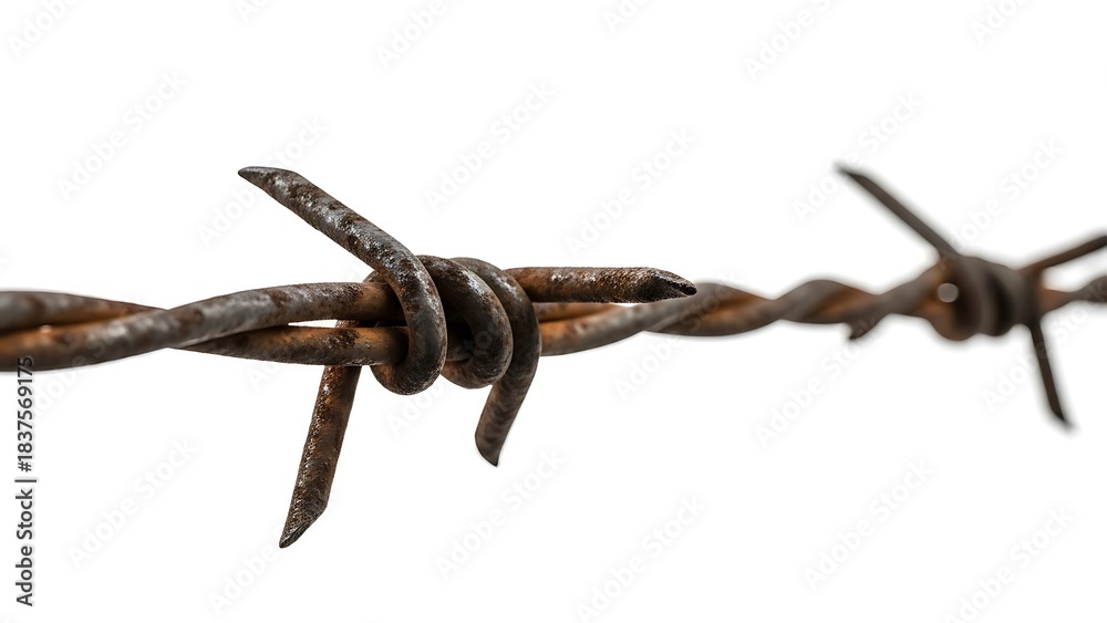 Obraz premium Close-up of Rusty Barbed Wire Against White Background.