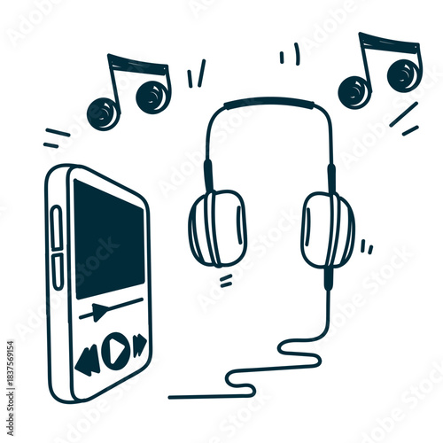 hand drawn doodle listening music playlist on mobile phone with headset cartoon style