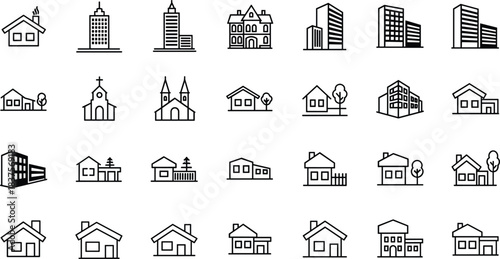 Building icons set, residential homes, church, office skyscraper, apartment blocks, flat vector illustration, line art architecture icons collection, CAD drawing style