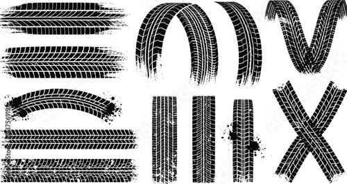 Tire tread marks collection, vehicle track pattern, grunge car wheel print, automotive brushstroke design, flat vector illustration, industrial transportation graphic, CAD drawing style texture