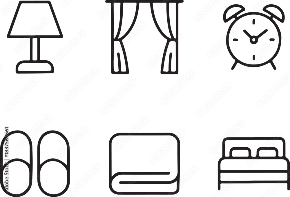 Fototapeta premium Bedroom and home comfort essentials simple line art icons set