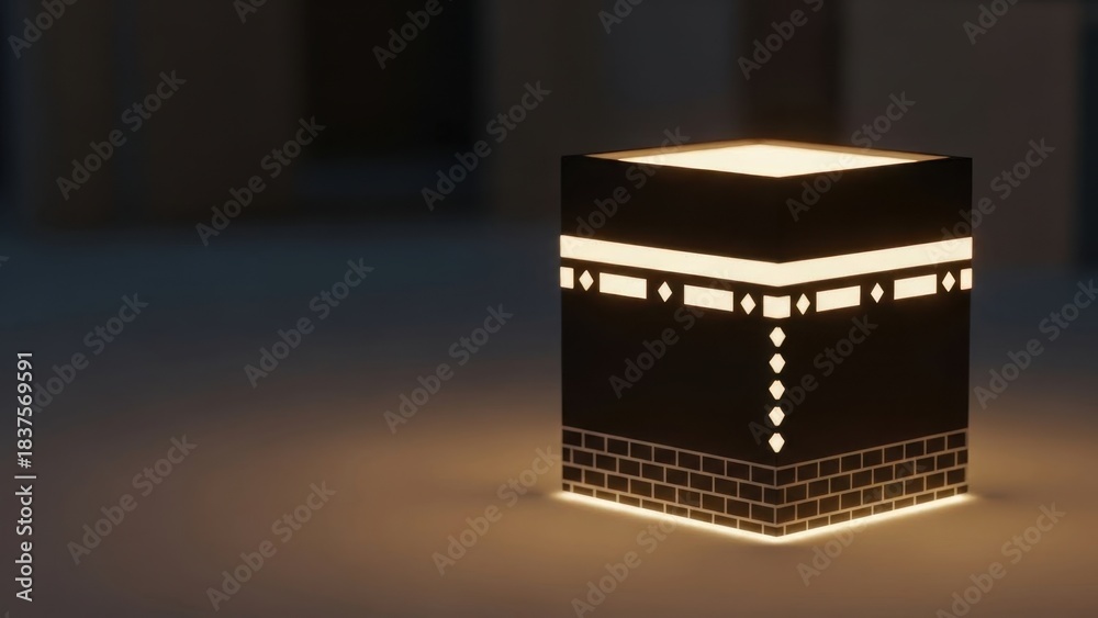 Obraz premium Illuminated kaaba model with intricate geometric patterns for islamic religious themes.