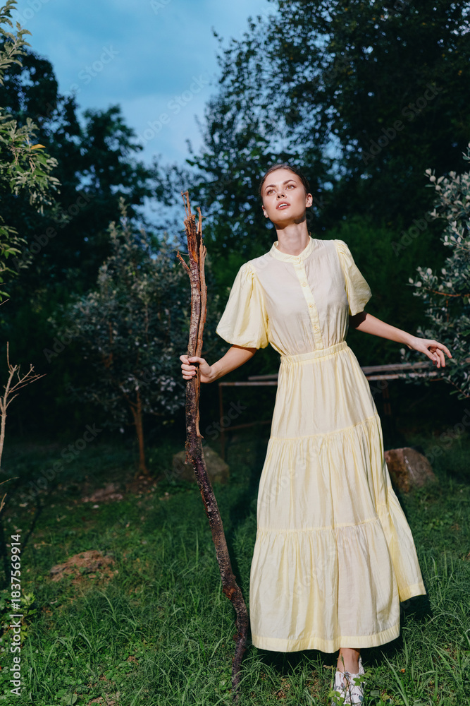 Obraz premium A woman in a pale yellow dress stands in a grassy countryside field holding a wooden staff, exuding serenity, elegance, and a graceful connection with nature