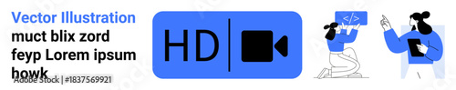 Digital content creation, software development, team collaboration, online learning, coding tutorials, video production. HD video icon with two developers working together. Digital content and coding