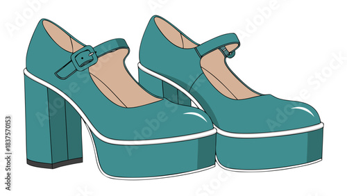 Teal Platform Mary Jane Heels With Chunky Block Heels And White Trim On Black Background