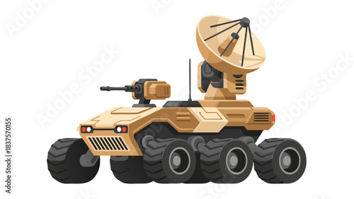 Tan Six Wheeled Robotic Military Vehicle With Satellite Dish And Machine Gun On Black Background