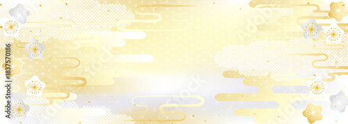 金銀の梅の花と日本のいろいろな伝統模様を組み合わせた華やかな背景イラスト