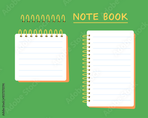 罫線入りスパイラルノートとメモ帳のベクターセット。罫線ページと金のワイヤー綴じが特徴で、オフィスワーク、学用品、教育コンセプト、メモ書きに最適。緑の背景に分離。