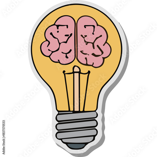 Illustration of a Light Bulb Containing a Pink Brain Symbolizing Idea and Innovation with Yellow Glow and Gray Base on Black Background
