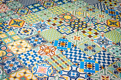 Abstract background of mosaic of traditional and historic colourful Portuguese ceramic tiles called azulejos