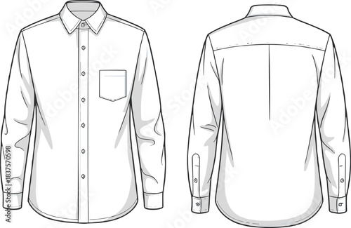 Button-up shirt fashion template with collar, chest pocket, cuff buttons and center pleat, CAD technical sketch, front and back views