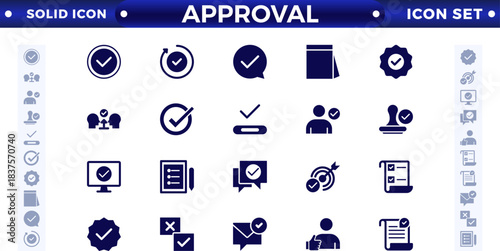 Approval solid icons set. Check mark, certified, validation, agreement, thumbs up,
settings, shield icons, and more signs. Solid icon collection.