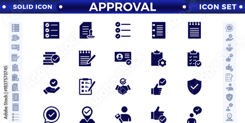 Approval solid icons set. Check mark, certified, validation, agreement, thumbs up,
settings, shield icons, and more signs. Solid icon collection.