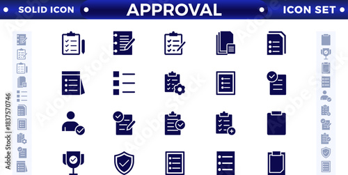 Approval solid icons set. Check mark, certified, validation, agreement, thumbs up,
settings, shield icons, and more signs. Solid icon collection.