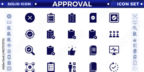 Approval solid icons set. Check mark, certified, validation, agreement, thumbs up,
settings, shield icons, and more signs. Solid icon collection.