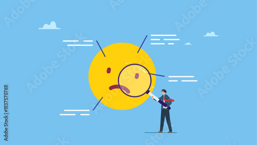 Businessman analyze negative pain face to see value. Pain point analysis, customer feedback or problem analysis for solution, marketing or analyze customer pain point for new opportunity.
