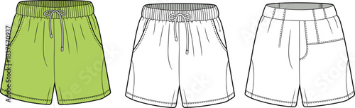 Cad drawing flat vector illustration of three casual shorts template, drawstring waistband, pockets, green and outline style, front view