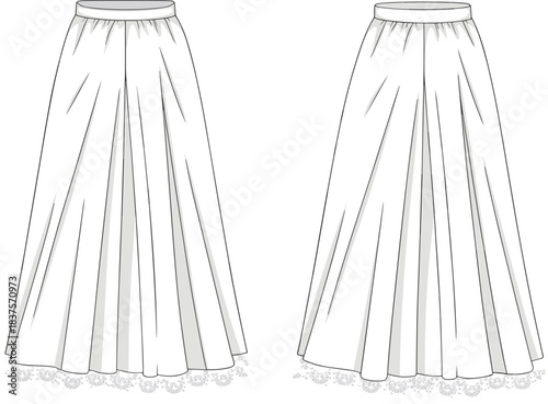 Cad drawing flat vector illustration of two long pleated skirt templates with lace hem, waistband, front and back view design