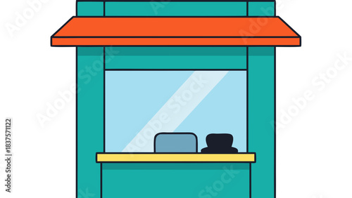 Turquoise Kiosk with Orange Awning and Reflective Window Displaying a Laptop and a Silhouette Against a Black Background Detailed Cartoon Style
