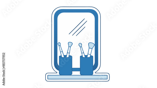 Two cups holding makeup brushes in front of a mirror flat illustration in shades of blue on a black background with a white border stylized digital art