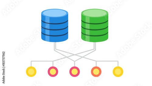 Two Cylindrical Databases Connected to Multiple Circular Nodes Representing Data Flow and Network Connections in a Digital Network Schematic