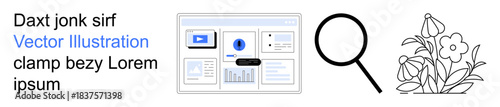 Data visualization, research tools, nature , graphical UI concepts, online information, analytics interfaces. Dashboard next to a magnifying glass and floral icon. Data analysis and research tools
