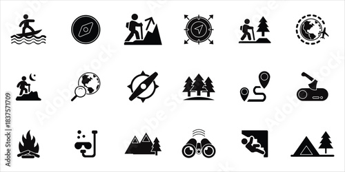 adventure icons set. discovery, axe, exploration, orientation, journey, binoculars, voyage and more. simple solid vector