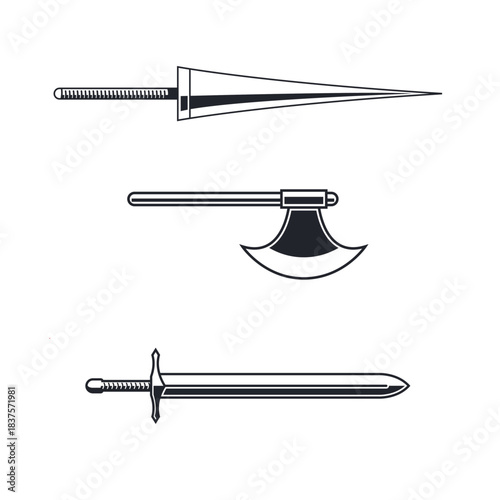 Medieval weaponry graphic elements: spear, axe, and sword isolated on white background, Vector