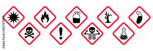 Danger Warning Symbols Collection, a detailed vector set featuring GHS hazard red and white diamond icons on transparent backgrounds for chemical safety, industrial