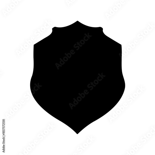 Isolated black shield outline on a white background, representing heraldry and defense