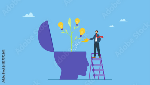 Businessman watering lightbulb idea plant growing on human head. Planting growth idea, growing innovation or creativity, imagination or solution development, intelligence brainstorming, education.