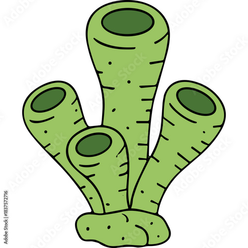 Illustration Of Green Tubular Sea Sponge With Textured Surface And Dark Openings Against A Black Background