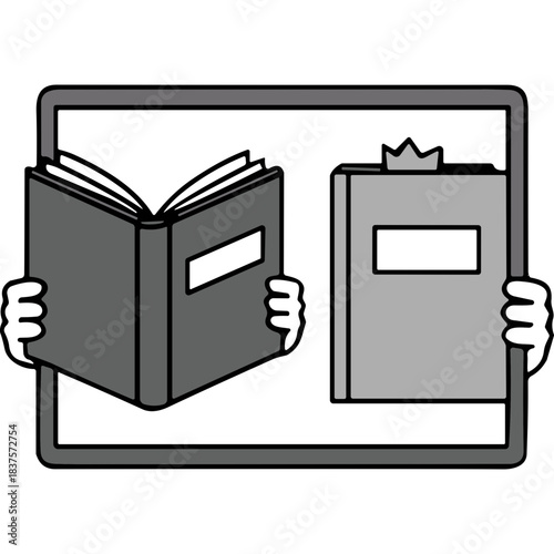 Illustration of two books held by cartoon hands on a screen with blank covers and pages visible symbolizing reading and knowledge acquisition