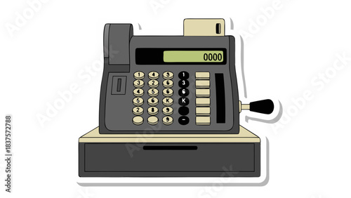 Vintage Gray Cash Register Machine With A Digital Display Showing COCD and A Pull Lever on A Drawer Stand Isolated on a Black Background