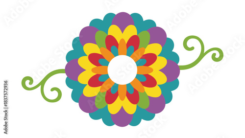Vibrant psychedelic floral mandala design with swirling green vines on a black background featuring colorful petals in red yellow blue purple and teal