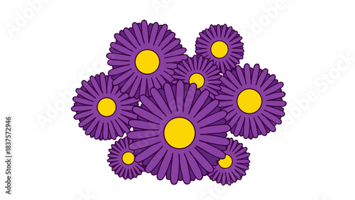 Vibrant Purple Aster Flowers With Yellow Centers Arranged In A Bunch Against A Stark Black Background Symbolizing Nature Beauty And Floral Arrangements