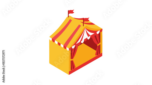 Vibrant Yellow and Red Striped Circus Tent with Flags and Curtains Isolated on Black Background Representing Entertainment and Fun