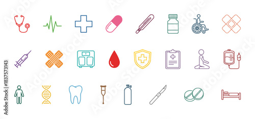 Comprehensive set of medical and healthcare line icons featuring stethoscope medicine and hospital equipment signs