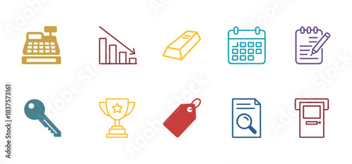 Business and finance line icons set including cash register chart gold bar and calendar for commercial concepts