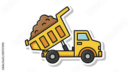 Yellow dump truck loaded with dirt tilted upwards on a black background with a white outline and drop shadow signifying construction or hauling