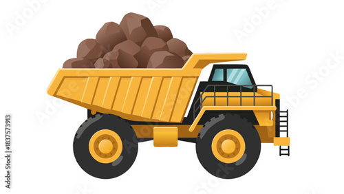 Yellow Dump Truck Loaded with Rocks in a Construction Site with Dark Wheels and Bright Sunlight Highlighting the Vehicle and its Contents