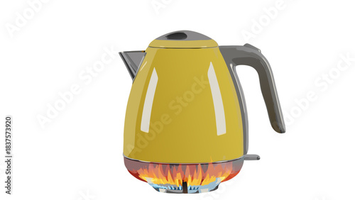 Yellow Electric Kettle Heating Up With Flames On A Black Background