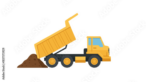 Yellow dump truck unloading brown soil onto a black background with a white border overlay
