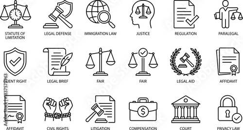 Legal law icon set for justice system, regulation, litigation, civil rights, court services, legal aid, client rights, privacy law, and compensation icons