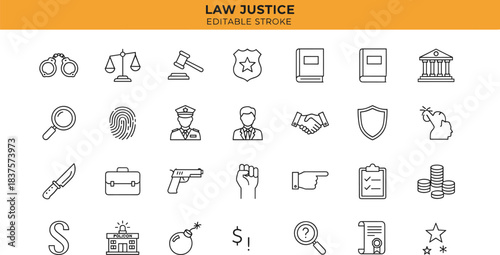 Law justice icons set, legal symbols collection, court and police outline illustrations, crime prevention graphics, editable stroke line art design pack