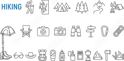 Hiking and camping line icons featuring outdoor adventure equipment, travel gear, mountain trekking, camping tools, wilderness exploration symbols, and survival essentials