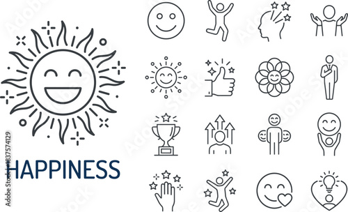 Happiness and positive emotion line icons set featuring smiling sun, joy, motivation, success, wellbeing, celebration, mental health, cheerful lifestyleHappiness and positive emotion line