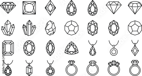 Gemstone and jewelry outline icon collection with diamonds, crystals, pendants, rings, elegant line art set for luxury design use