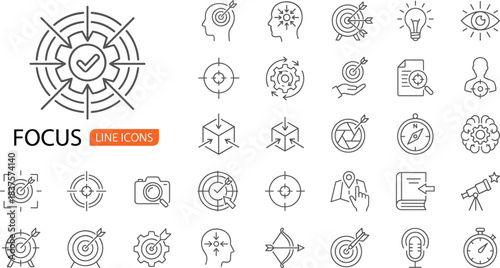 Focus and targeting line icons collection with goal achievement, precision, concentration, strategy, productivity, accuracy, creative vision, modern editable stroke design