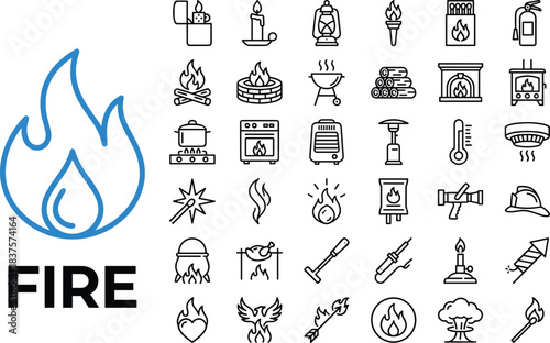 Fire and flame icons collection featuring burning objects, heat sources, safety equipment, campfires, cooking flames, heaters, and emergency fire protection illustrations